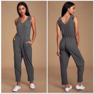 Lulu’s Belmore Heathered Charcoal Grey Ribbed Sleeveless Jumpsuit